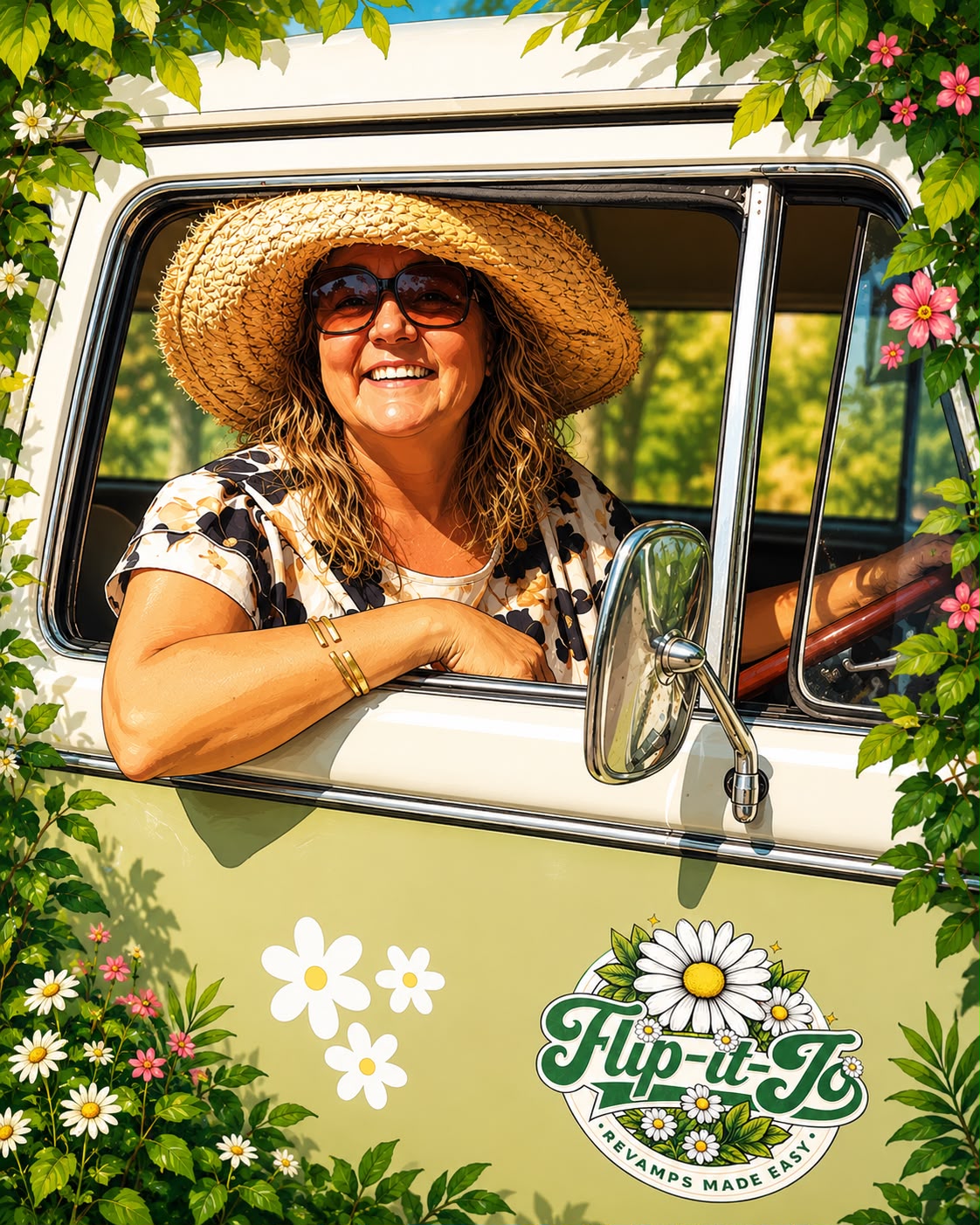 Jo smiling from her daisy-decorated Flip It Jo van