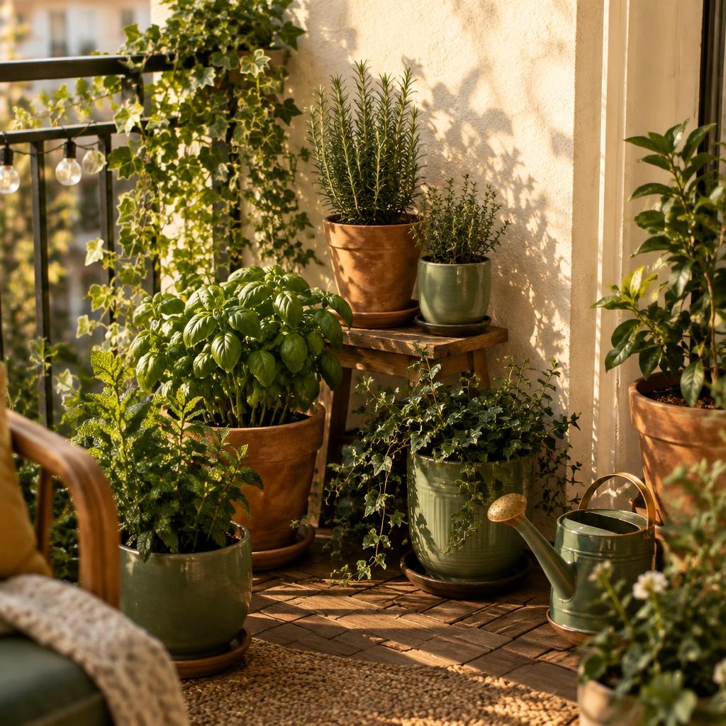 A small apartment balcony with terracotta and green pots of basil, rosemary, mint and trailing ivy