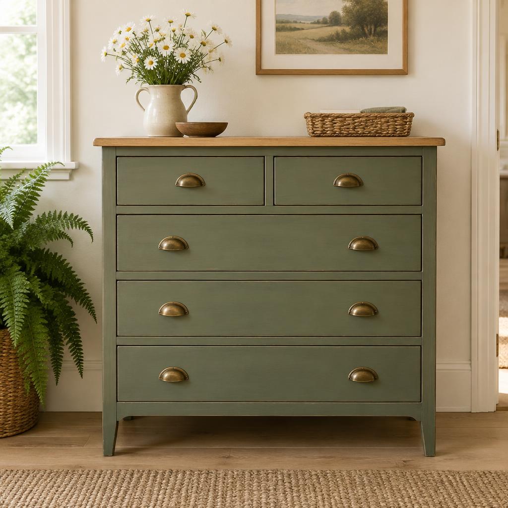 A green upcycled chest of drawers with brass handles