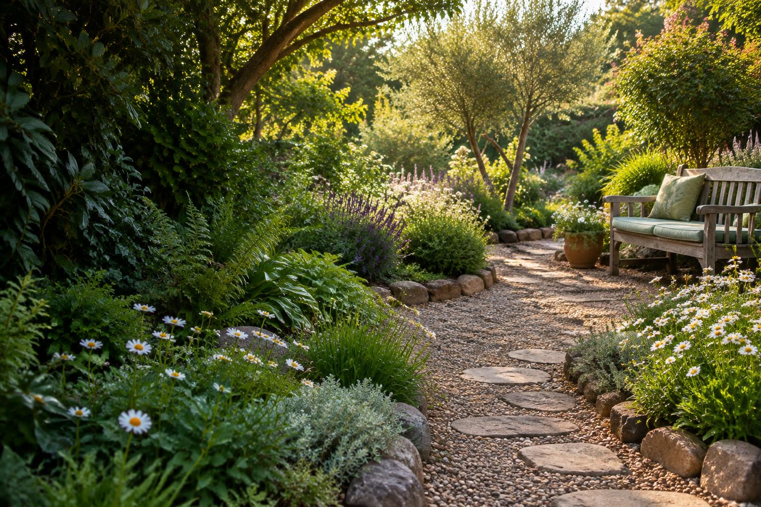 A sunlit garden with daisies, a winding stone path and a wooden bench
