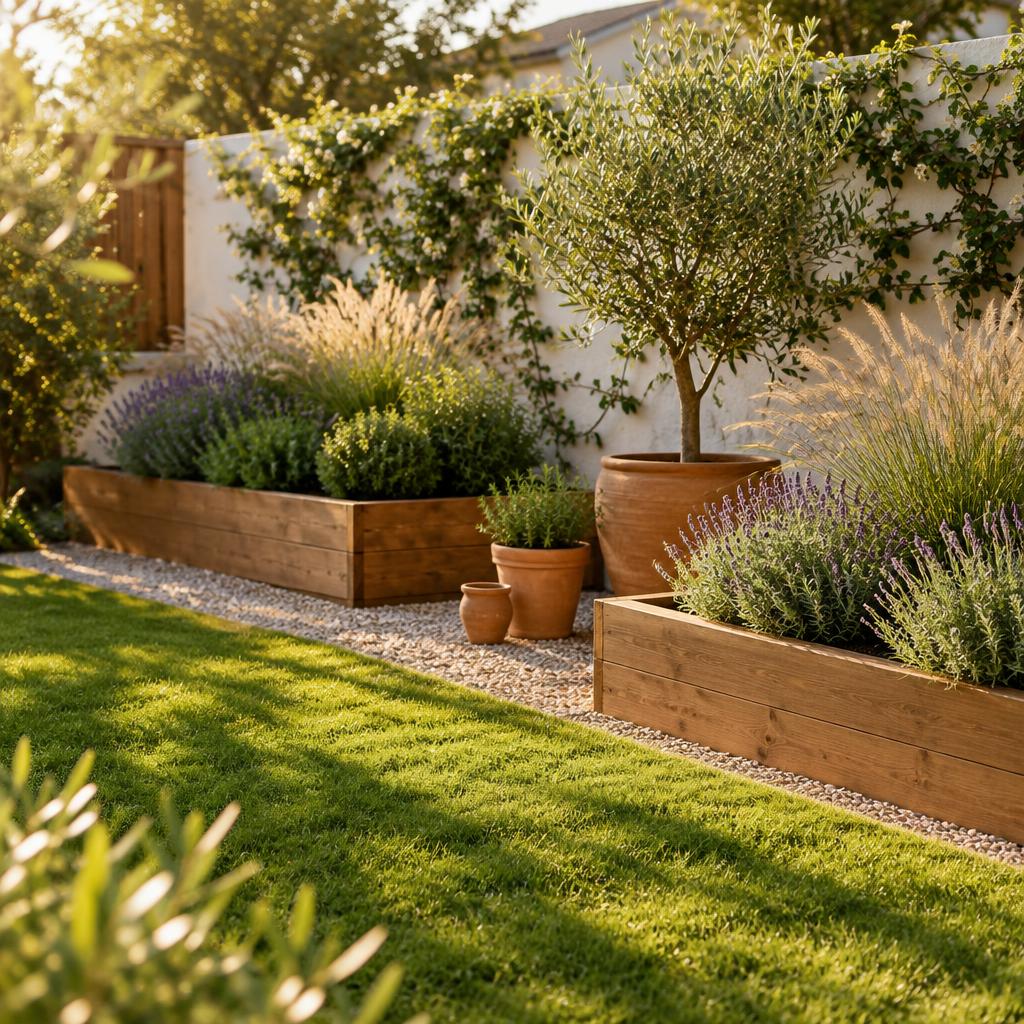 A revived backyard with raised timber planting beds, an olive tree in a terracotta pot and a gravel path